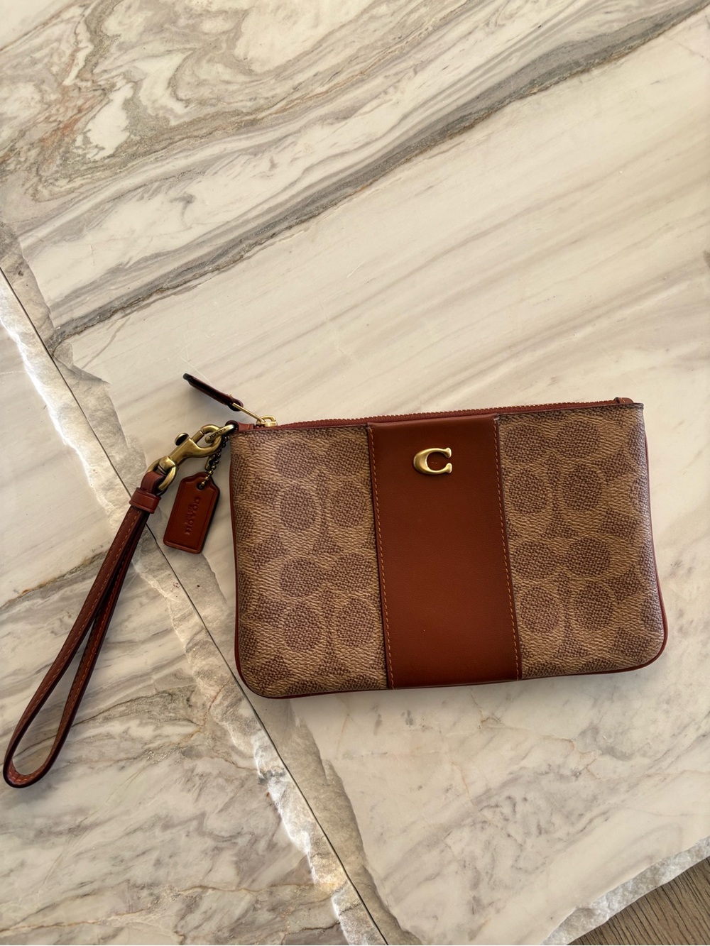 Coach Brown Signature Canvas and Leather Wristlet with Gold Accent